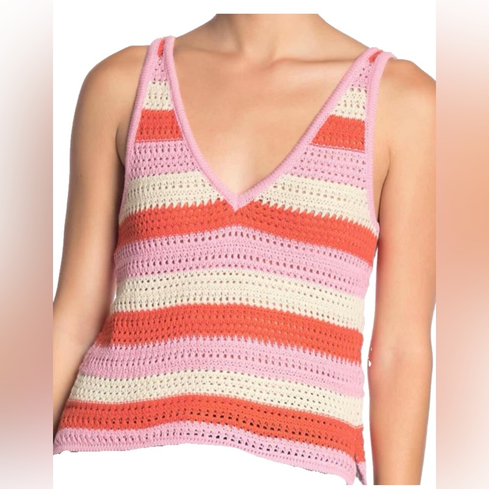 WAYF NWT Gemma Crochet Knit Tank Pink Orange Cream Striped Medium